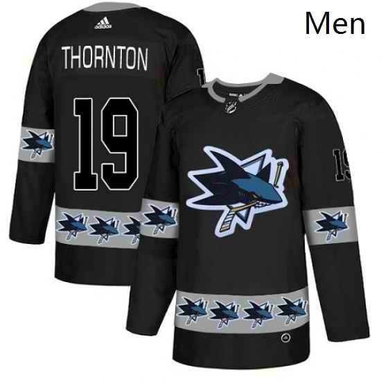 Mens Adidas San Jose Sharks 19 Joe Thornton Authentic Black Team Logo Fashion NHL Jersey